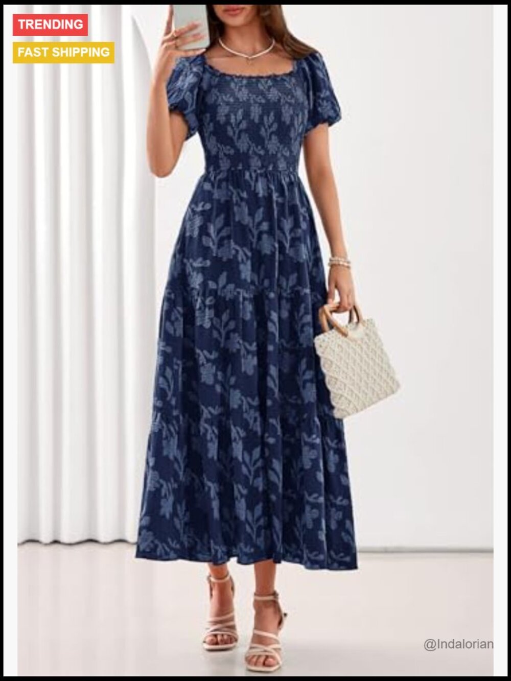 Boho Maxi Dress Floral Short Sleeve Square Neck Smocked Flowy Long Vacation - Picture 2 of 7